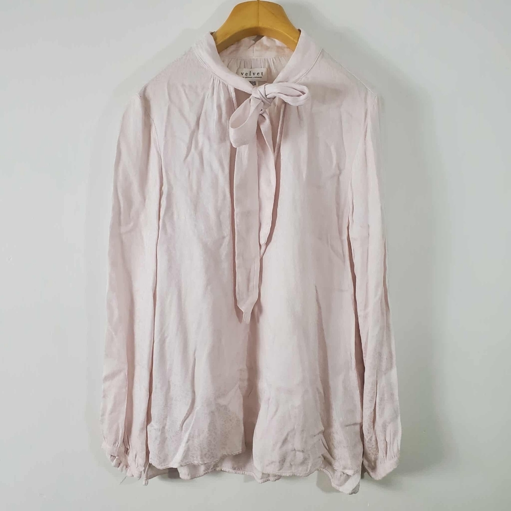 Velvet by Graham & Spencer Tie Neck Boho Long Sleeve Blouse Peasant Top Pink